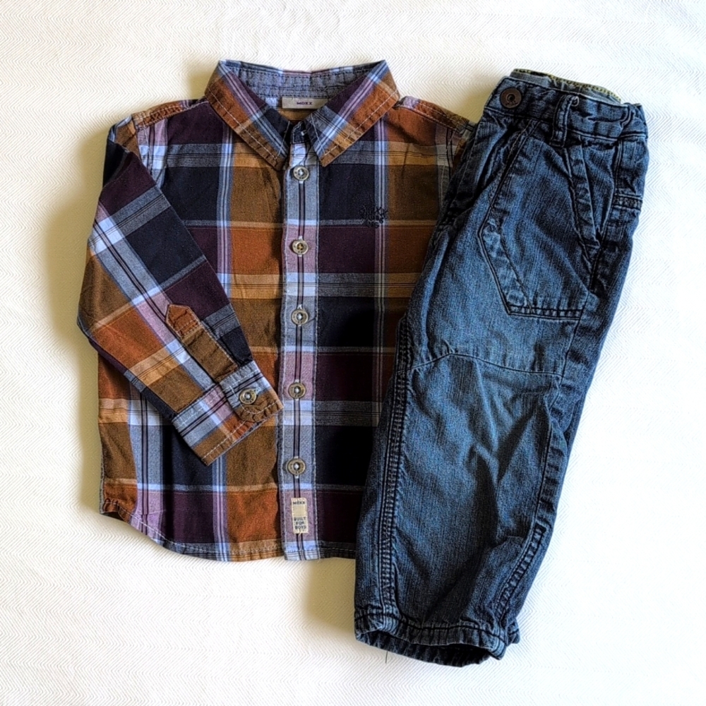 mexx plaid shirt & denim jeans matching outfit set 12-18 months baby toddler boy